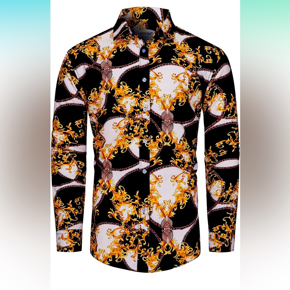Mens Luxury Dress Shirt, Baroque Gold Chain Print, Long Sleeve Button Down XXL